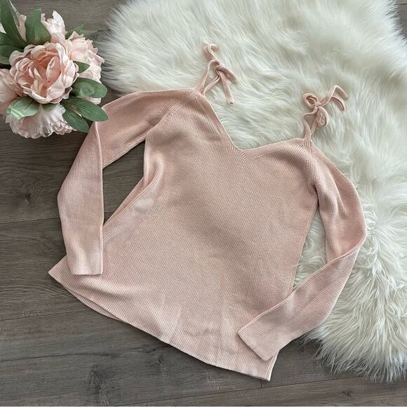New LOFT Light Pink Cold Shoulder Bow Tie Strap Sweater XS - Picture 4 of 7